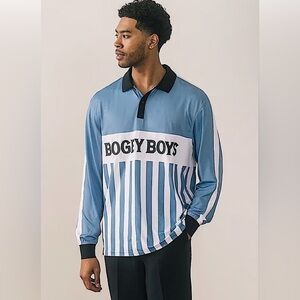 Bogey Boys Macklemore Blue/White Striped Long Sleeve Golf Polo Jersey Large NWT